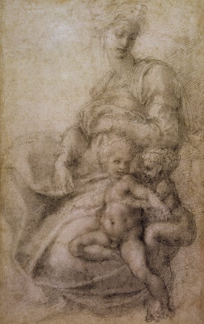 Die Jungfrau und das Kind mit dem kleinen Täufer, um 1530 (schwarze Kreide auf Papier) von Michelangelo Buonarroti